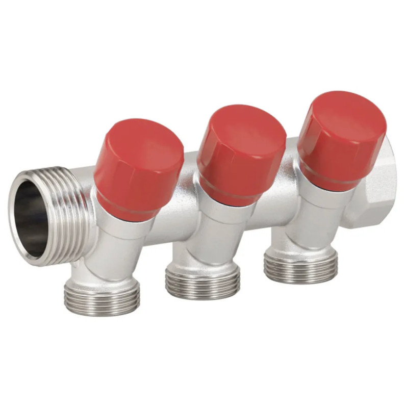 Carlo Poletti Колектор кутовий Ø1″ x 3 виходи x 3/4″ EK (червоні ручки) нікель (C323N12QR)