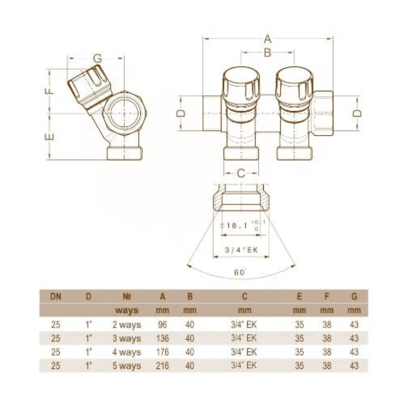 Carlo Poletti Колектор кутовий Ø1″ x 5 виходів x 3/4″ EK (сині ручки) нікель (C325N12QB)
