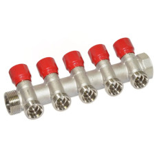 Carlo Poletti Колектор кутовий Ø1″ x 5 виходів x 3/4″ EK (червоні ручки) нікель (C325N12QR)