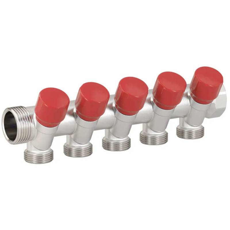 Carlo Poletti Колектор кутовий Ø1″ x 5 виходів x 3/4″ EK (червоні ручки) нікель (C325N12QR)