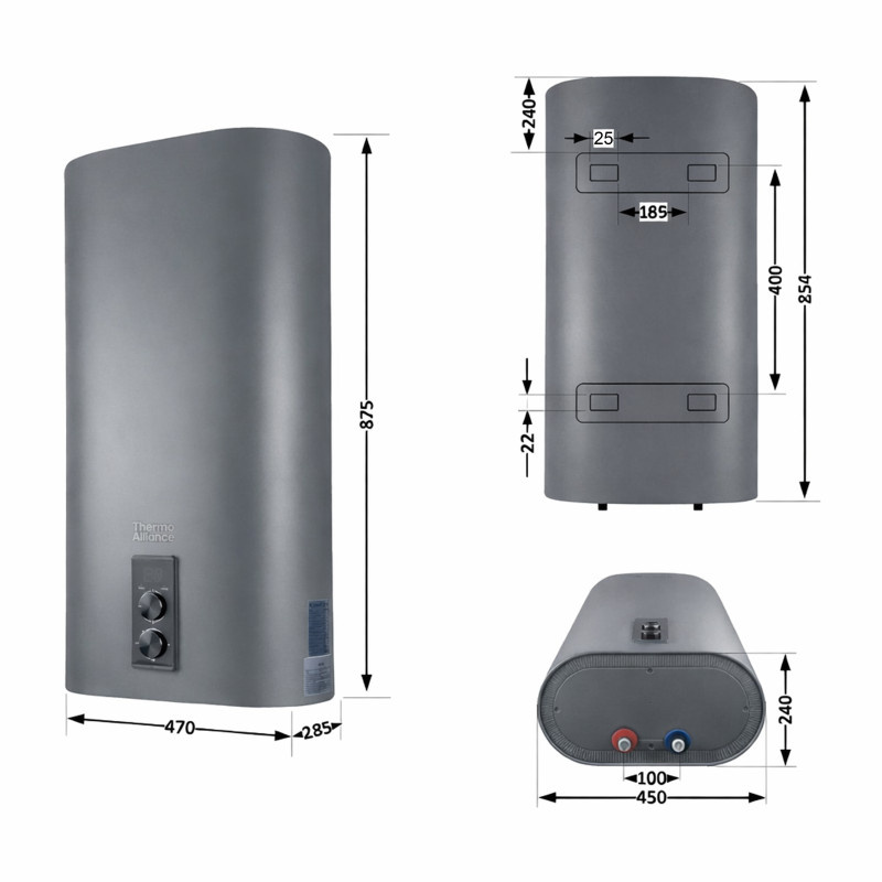 Водонагрівач електричний Thermo Alliance 50 л Grey, плоский вертикальний, мокрий ТЕН 2 кВт (0,8+1,2) DT50V20G(PD)/2G SD00055139