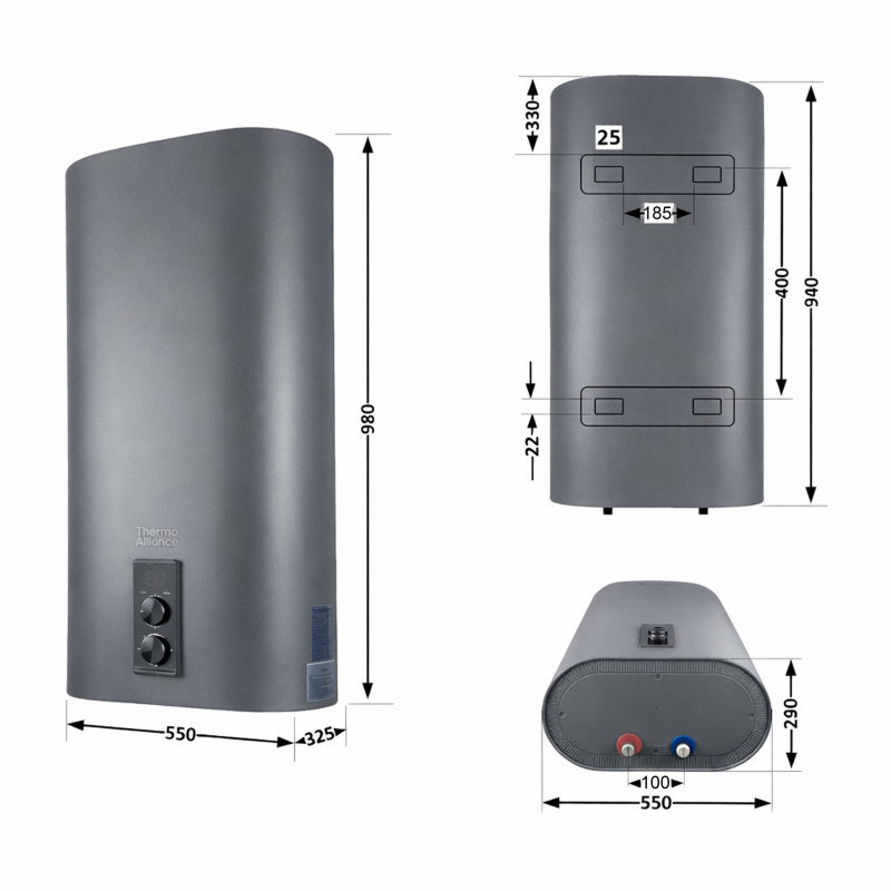 Водонагрівач електричний Thermo Alliance 80 л Grey, плоский вертикальний, мокрий ТЕН 2 кВт (0,8+1,2) DT80V20G(PD)/2G SD00055140