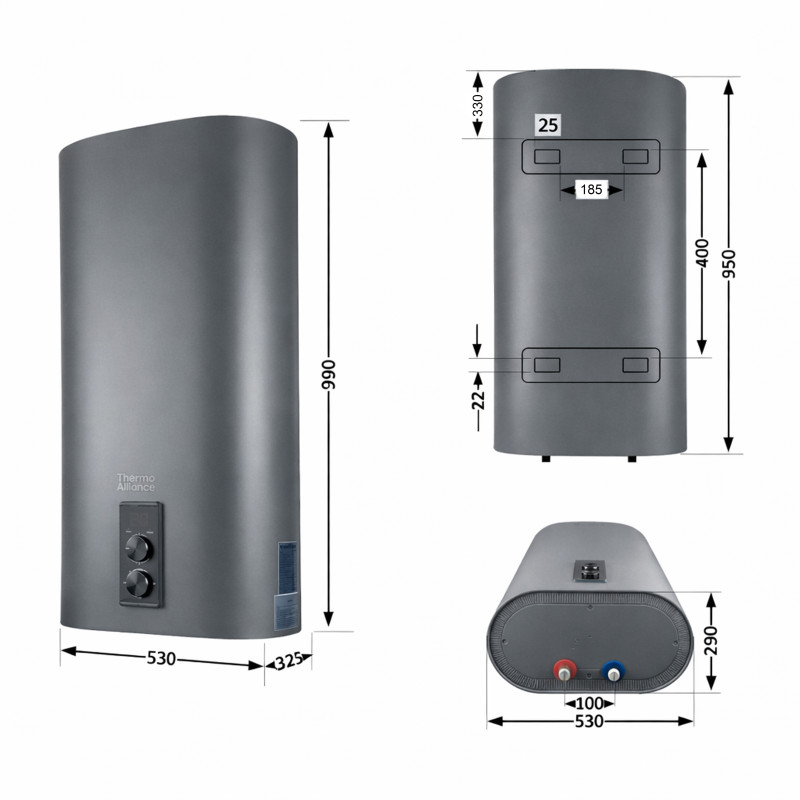 Водонагрівач електричний Thermo Alliance 80 л, Grey, плоский вертикальний, сухий ТЕН 2 кВт (0,8+1,2) DT80V20GPDD2G SD00055142