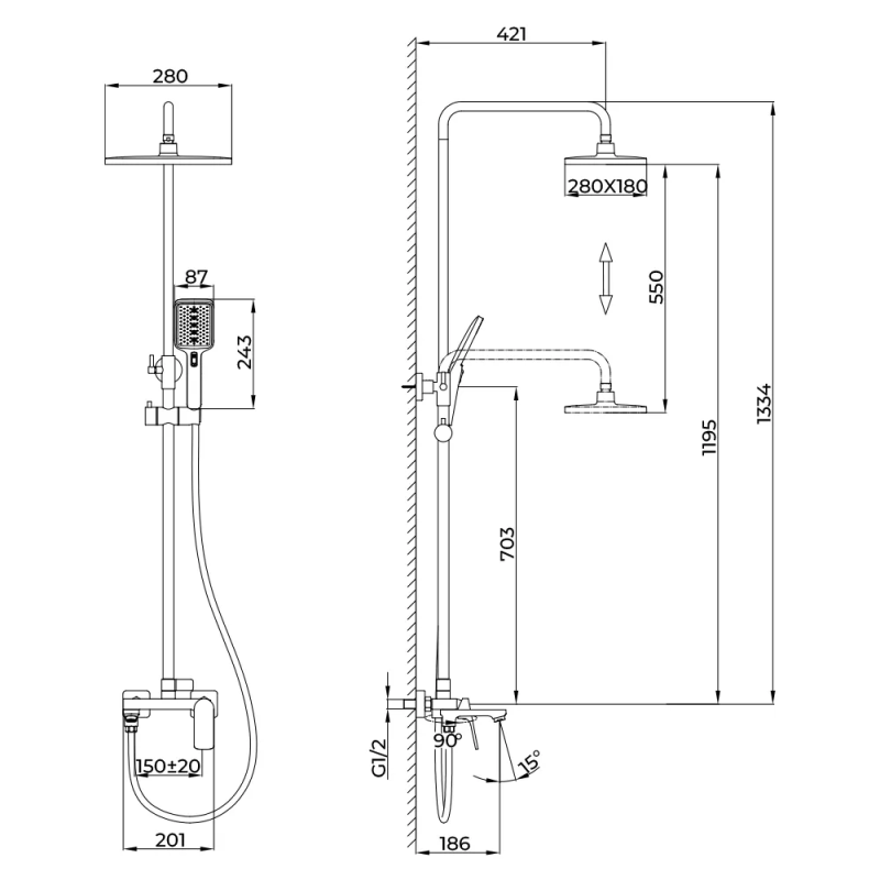 Душевая система FRAP F2486-9, 3 функции, поворотный излив, латунь, оружейная сталь