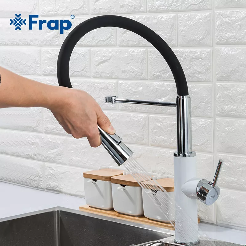 Frap Змішувач для кухні F4452-8 з гнучким виливом, 2 режими, біло/чорний