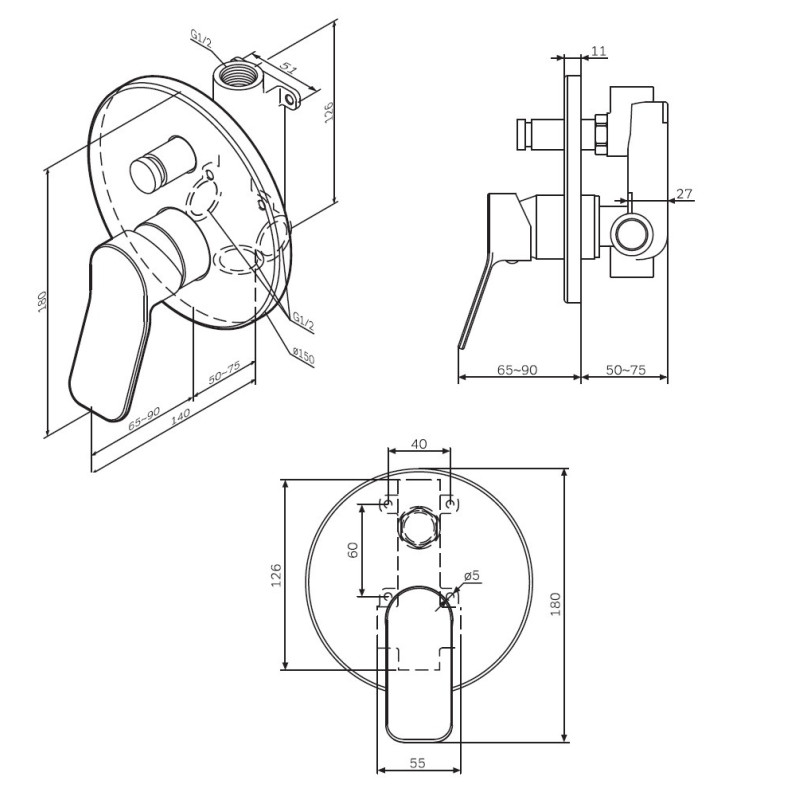 Змішувач для ванни і душа, монтується в стіну AM.PM X-Joy F85A45000