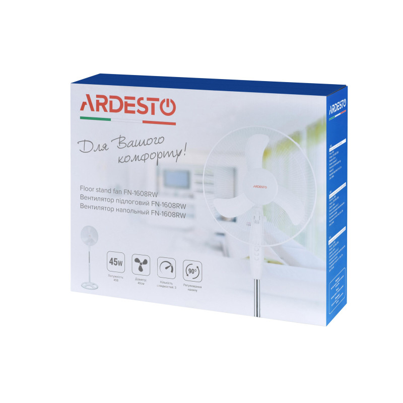 ARDESTO Вентилятор підлоговий, 40см, 45Вт, опора кругла, білий (FN-1608RW)