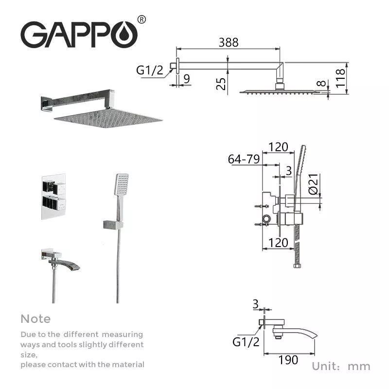 GAPPO Вбудована душова система G7107-40, вилив - перемикач на лійку, 3-функції, термостат