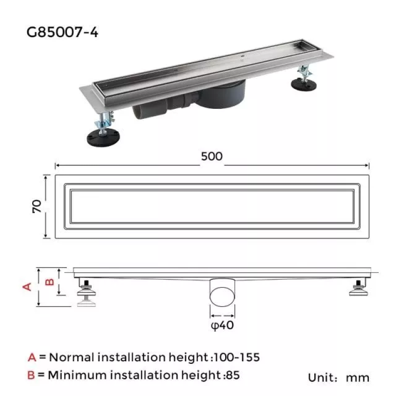 GAPPO Трап для душу під плитку G85007-4, 70х500 мм, нержавіюча сталь