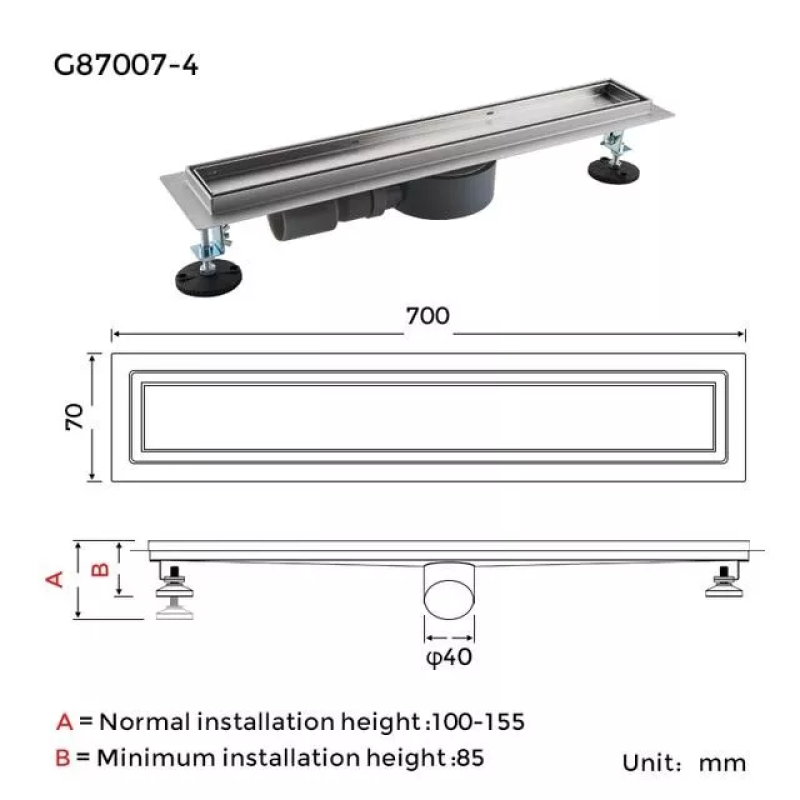 GAPPO Лінійний трап під плитку G87007-4, 70х700 мм, нержавіюча сталь