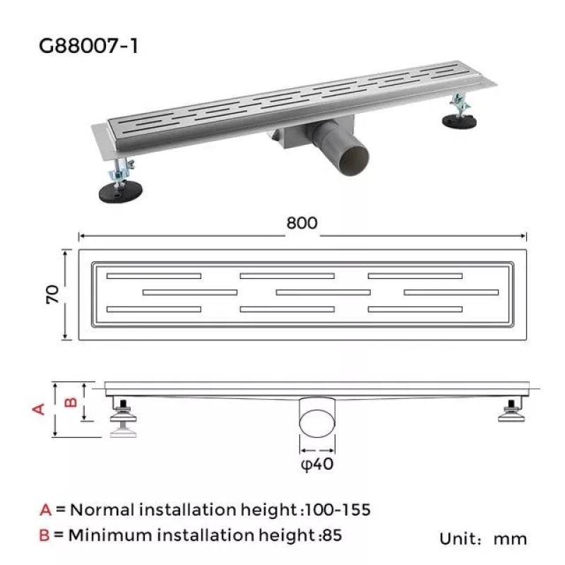 GAPPO Душовий трап G88007-1, 70х800 мм, нержавіюча сталь