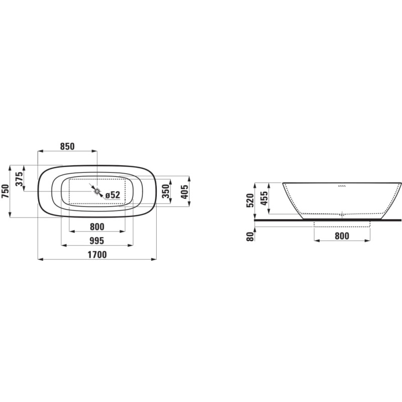 Laufen INO ванна 170*75*45,5см, окремостояча, з матерiалу Solid Surface, (H2313020000001)