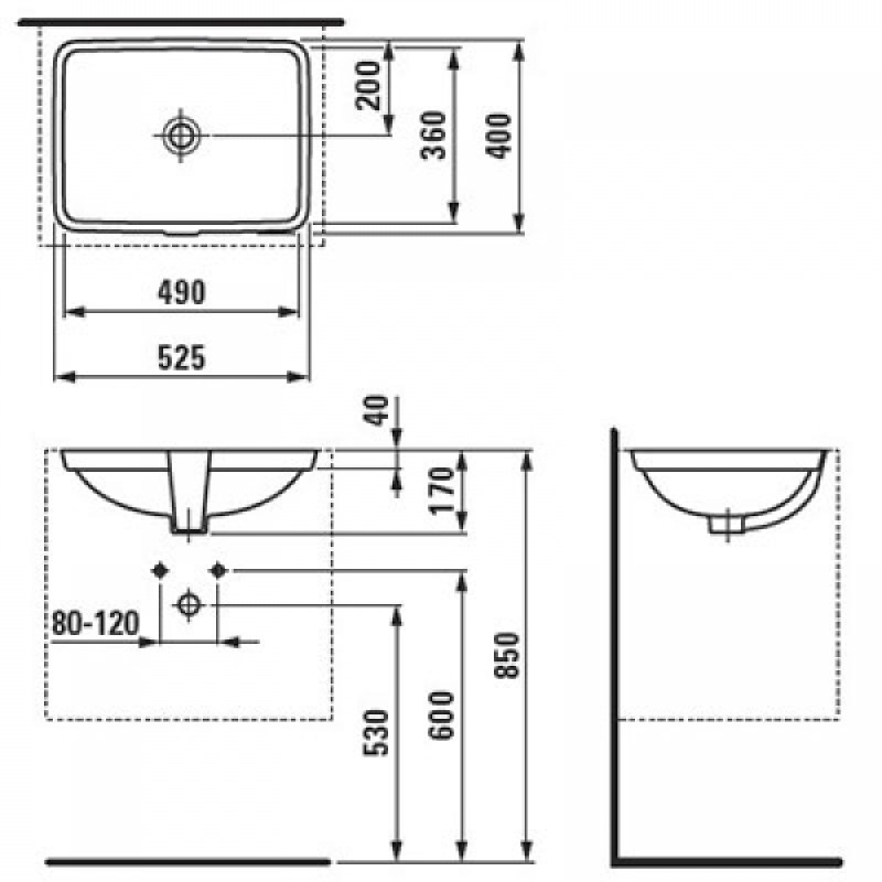 Laufen PRO раковина 490*360мм, вбуд. знизу, без отвору для змiш., нижня поверхня не вiдшлiф., з переливом, (H8119600001091)