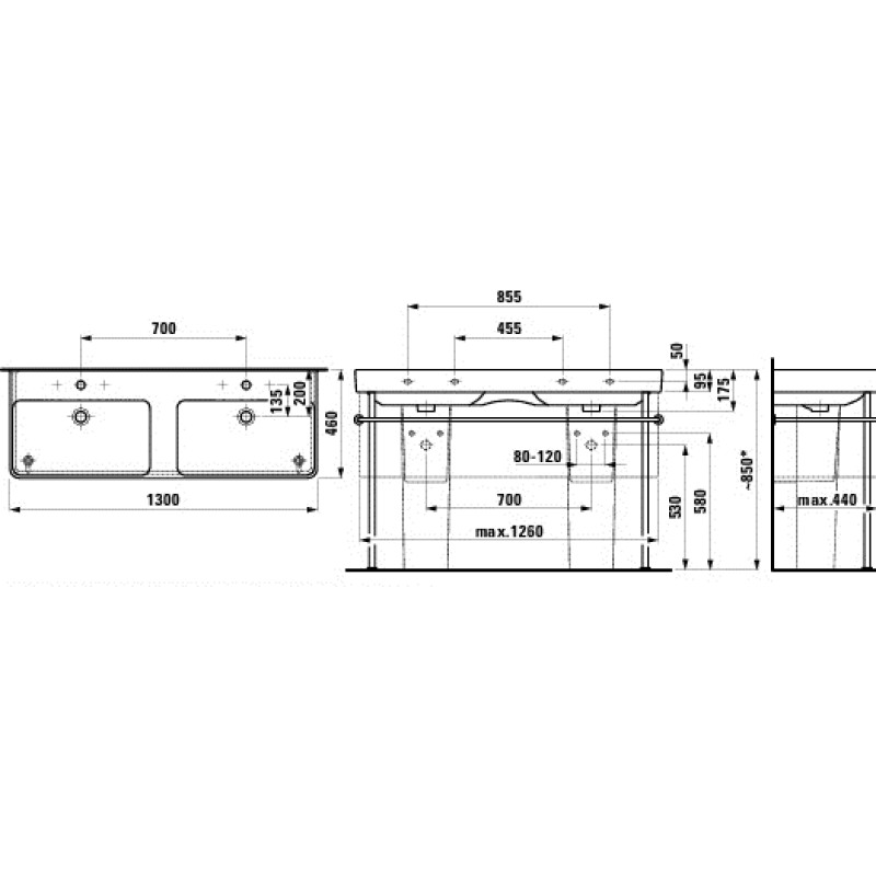 Laufen PRO Sумивальник двійний(1300х460) з одним отвором, білий, (H8149680001041)