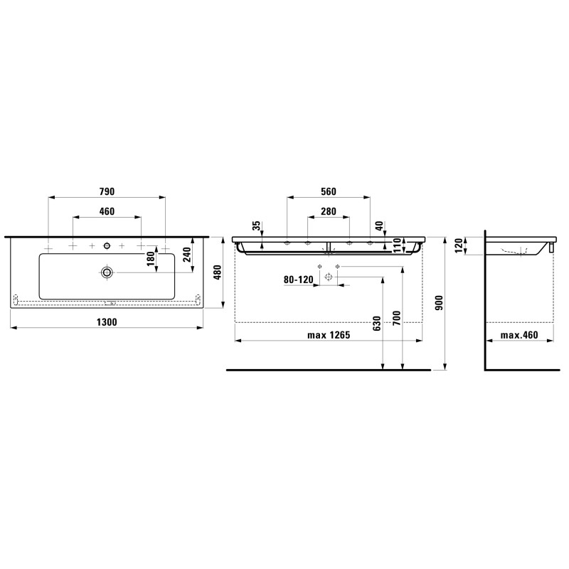 Laufen LIVING SQUARE раковина 130*48см, з 1-м отв. пiд змiшувач посерединi, з отв. переливу, (H8164360001041)