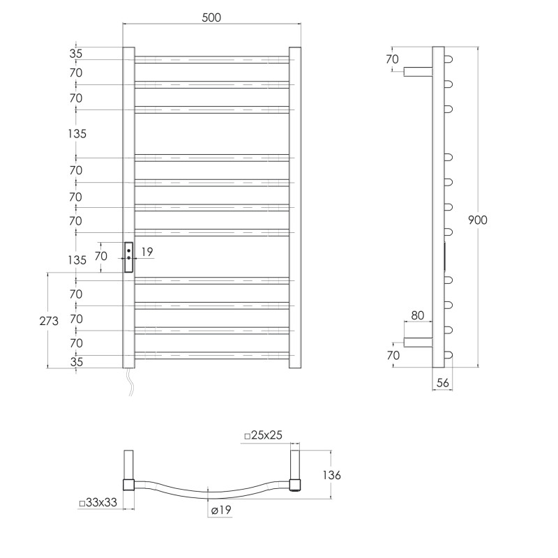 i-HEAT рушникосушарка електро, 120W, 500 * 900мм, AISI 304, 11п. (4-4-3) коло, стійки квадрат, таймер, терморегулятор, білий глянець, лівий