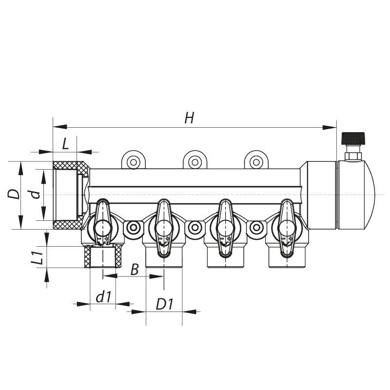 Коллектор 4-way с шаровыми кранами (40x20) PPR Koer K0171.PRO (KP0221)