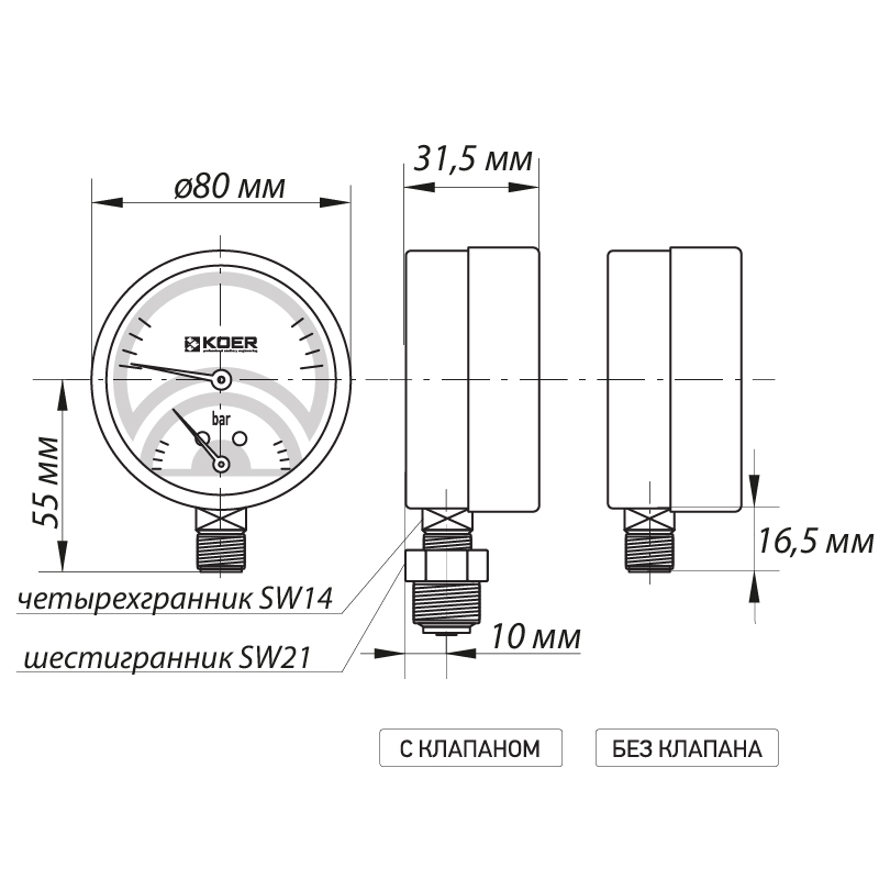 Термо-манометр радиальный (KOER KM.821R) (0-4 bar), D 80мм, 1/4''-1/2'' (KR0213)
