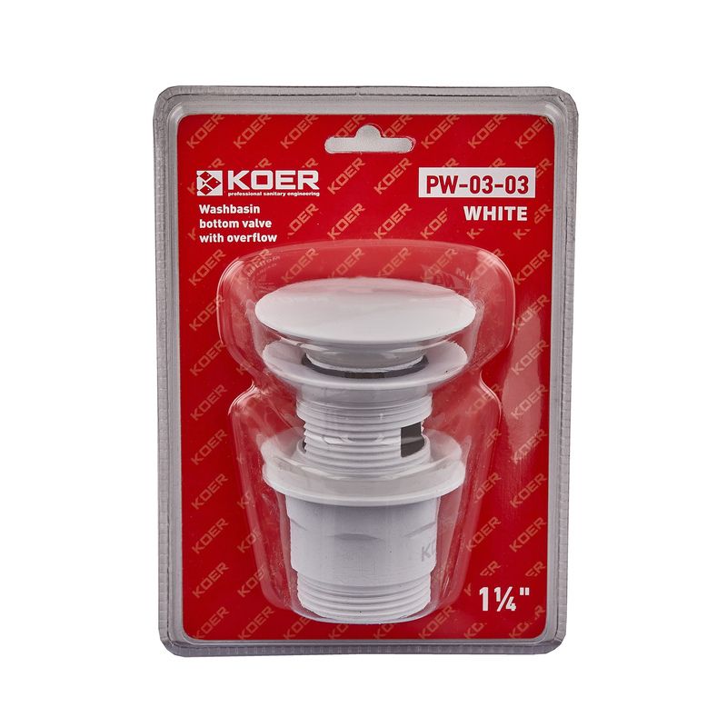 Донный клапан для раковины с переливом Koer PW-03-03 автоматический (Click-Clack) (Цвет белый) 1 1/4'' (KR3395)