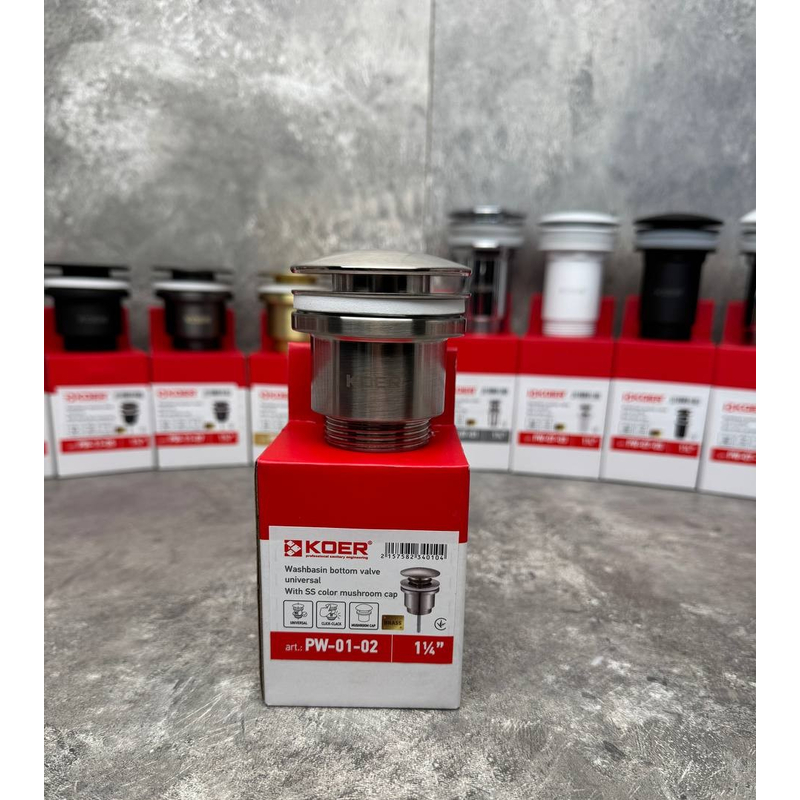 Донный клапан для раковины универсальный (с/без перелива) Koer PW-01-02 автоматический (Click-Clack) SS COLOR 1 1/4'' (KR3401)