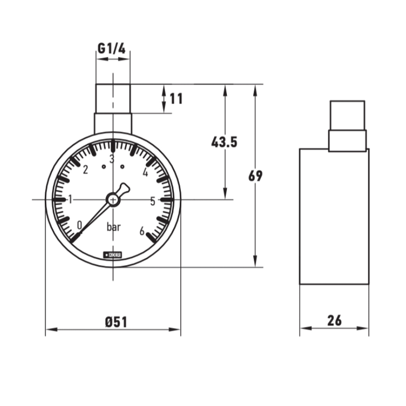 Манометр радиальный KOER KM.630R 1/4'' (D 50мм 0-6 bar, резьба сверху корпуса) (KR4762)