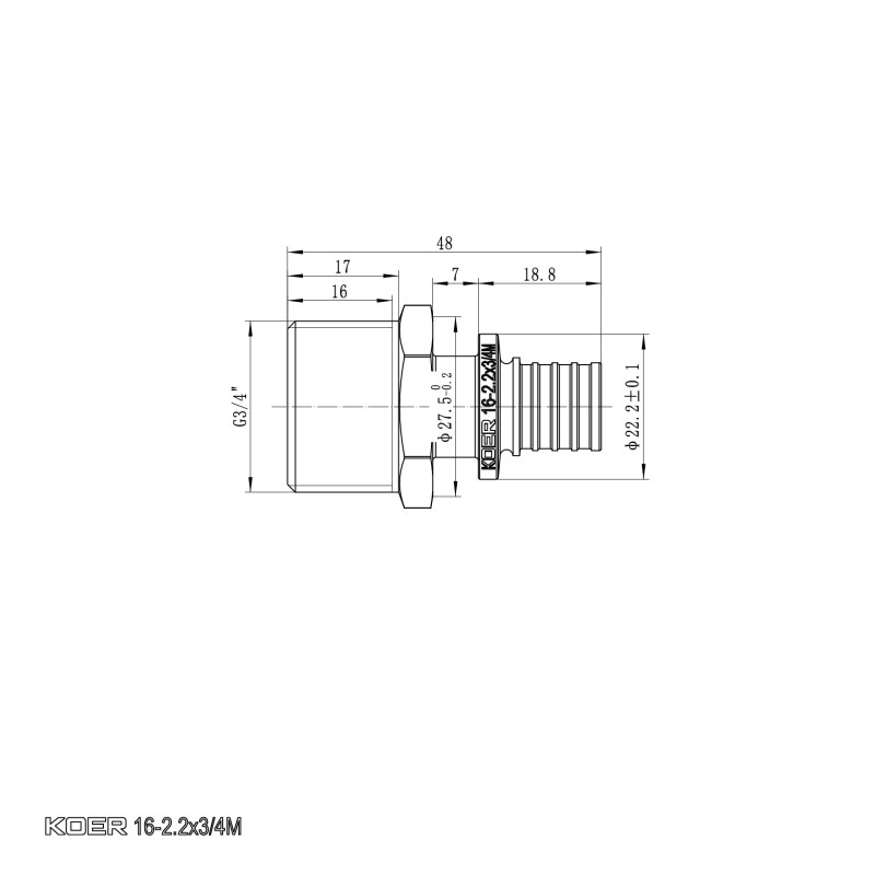 Переходник с НР Koer KA.A08M-16 - 16(2.2mm) x 3/4