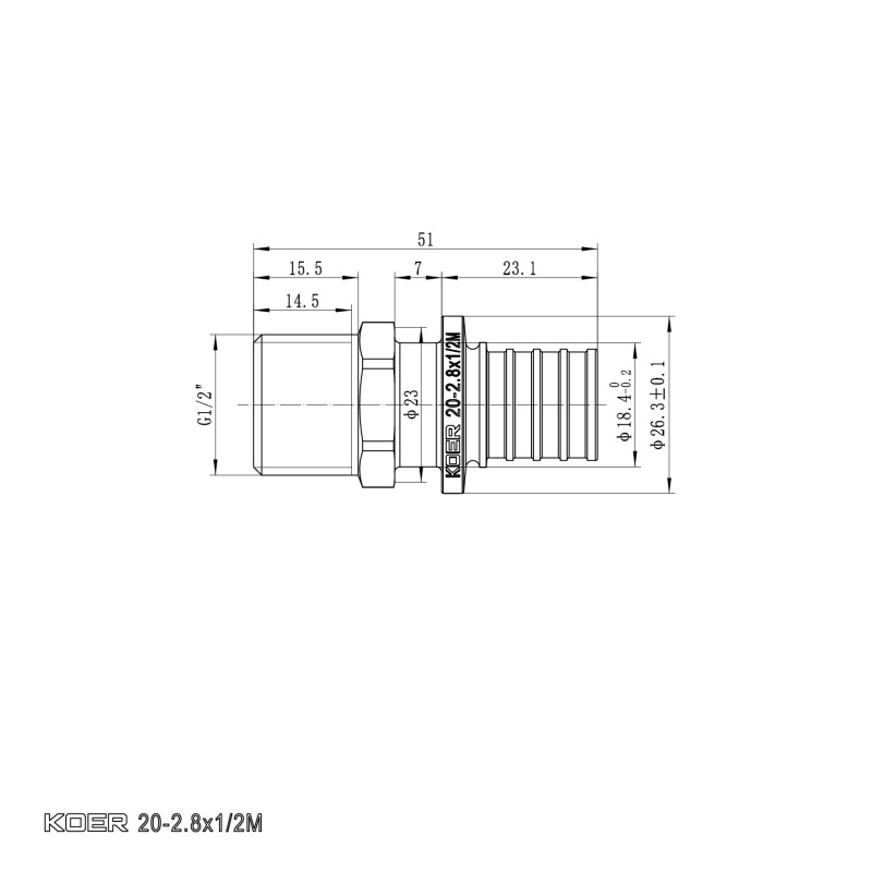 Переходник с НР Koer KA.A06M-20 - 20(2.8mm) x 1/2