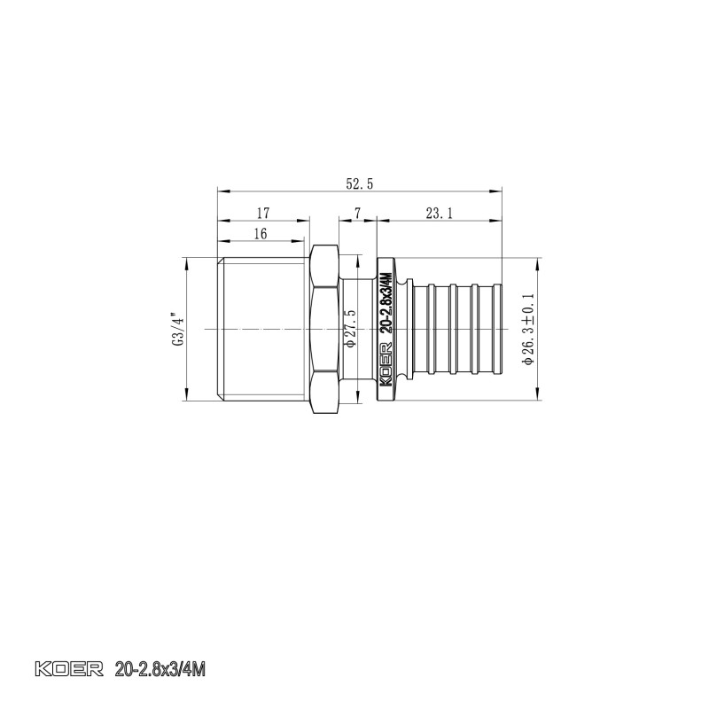 Переходник с НР Koer KA.A08M-20 - 20(2.8mm) x 3/4