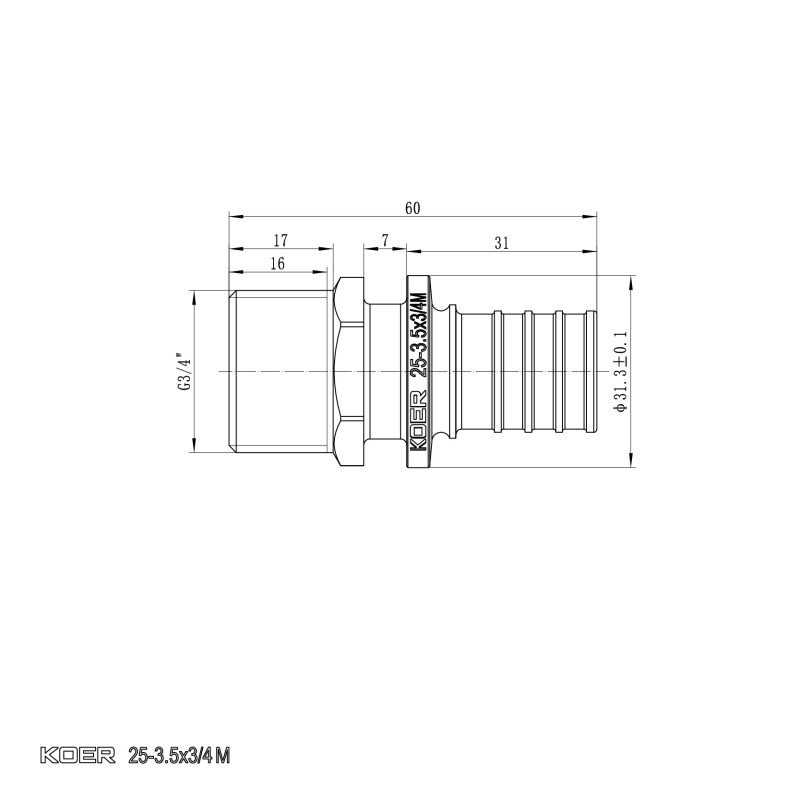 Переходник с НР Koer KA.A08M-25 - 25(3.5mm) x 3/4