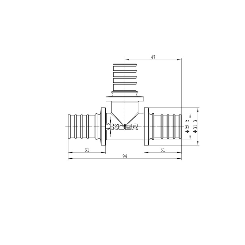 Тройник равнопроходной Koer KA.T25 -25(3.5mm) x25(3.5mm) x 25(3.5mm) (KR4886)