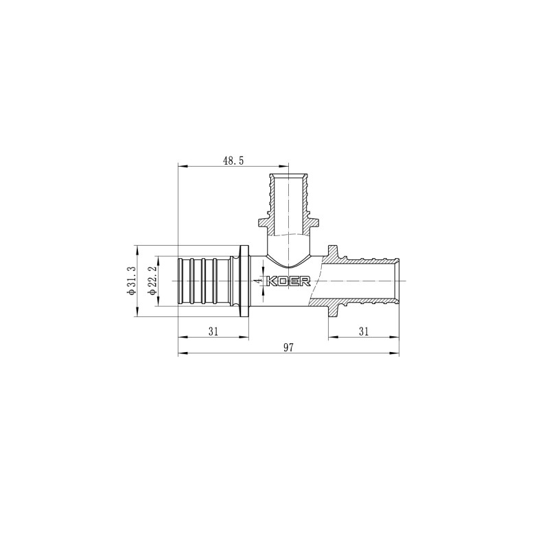 Тройник переходный Koer KA.T25-20-25 - 25(3.5mm) x 20(2.8mm) x 25(3.5mm) (KR4892)