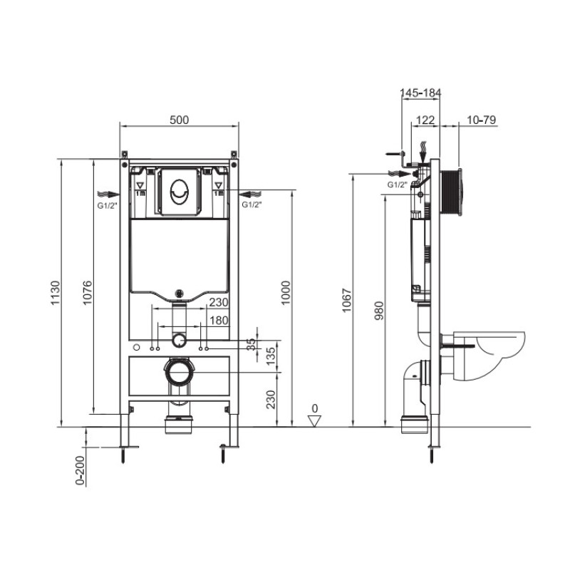 Инсталляция для подвесного унитаза Koer KT-0503-01 500x126x1150mm с панелью смыва KT-0606-01 хром (KR5347)