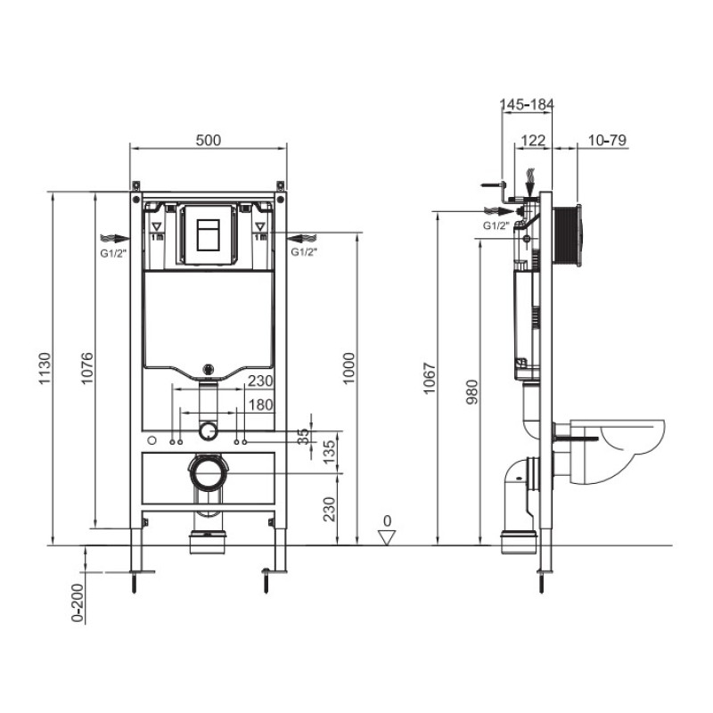 Инсталляция для подвесного унитаза Koer KT-0504-01 500x126x1150mm с панелью смыва KT-0607-01 хром (KR5348)