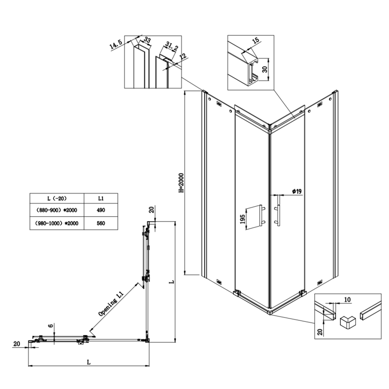 Душевая кабина без поддона Koer SR SC03-90x90x200-TR-12 прозрачное стекло Easy Clean 6мм, матовое золото (KR5358)