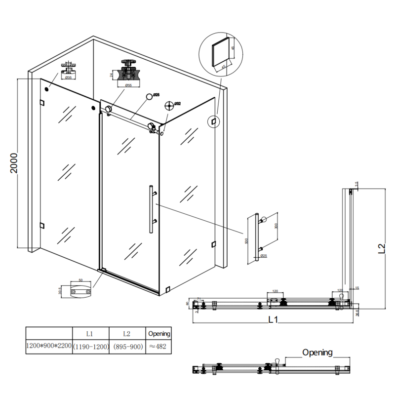Душевая кабина без поддона Koer SR SC07-120x90x200-TR-01 прозрачное стекло Easy Clean 8мм, хром (KR5370)
