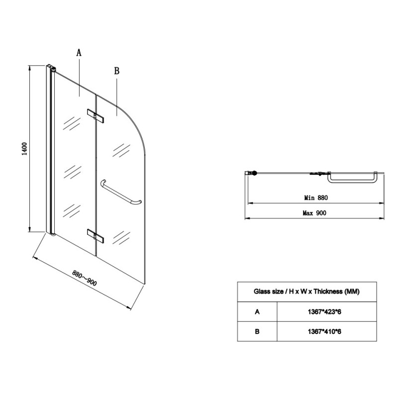 Шторки стеклянные на ванну Koer SR BS05-90x140-TR-01 прозрачное стекло Easy Clean 6мм, хром (KR5372)