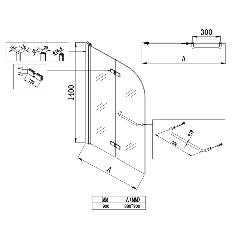 Шторки стеклянные на ванну Koer SR BS05-90x140-TR-01 прозрачное стекло Easy Clean 6мм, хром (KR5372)