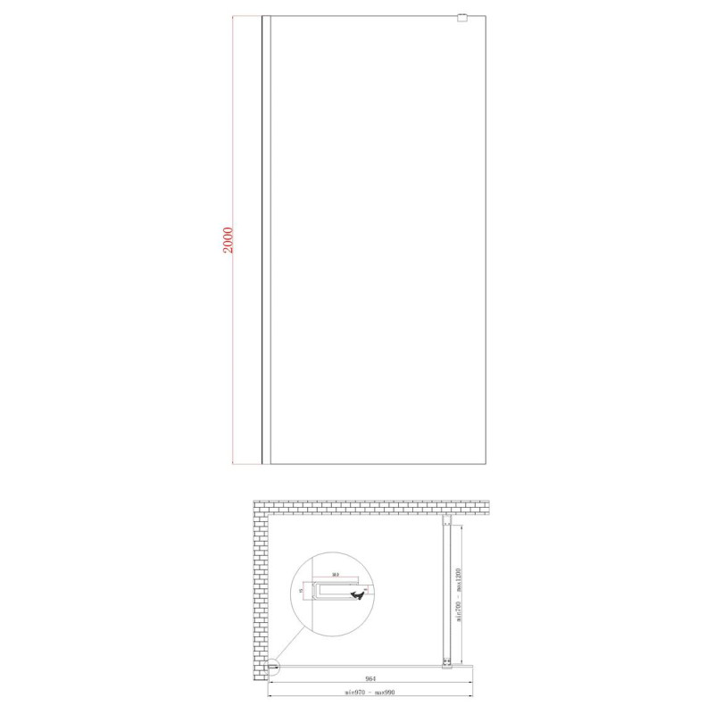 Душевая перегородка Koer SR SP01-100x200-TR-01 Walk-In прозрачное стекло Easy Clean 8мм, хром (KR5393)