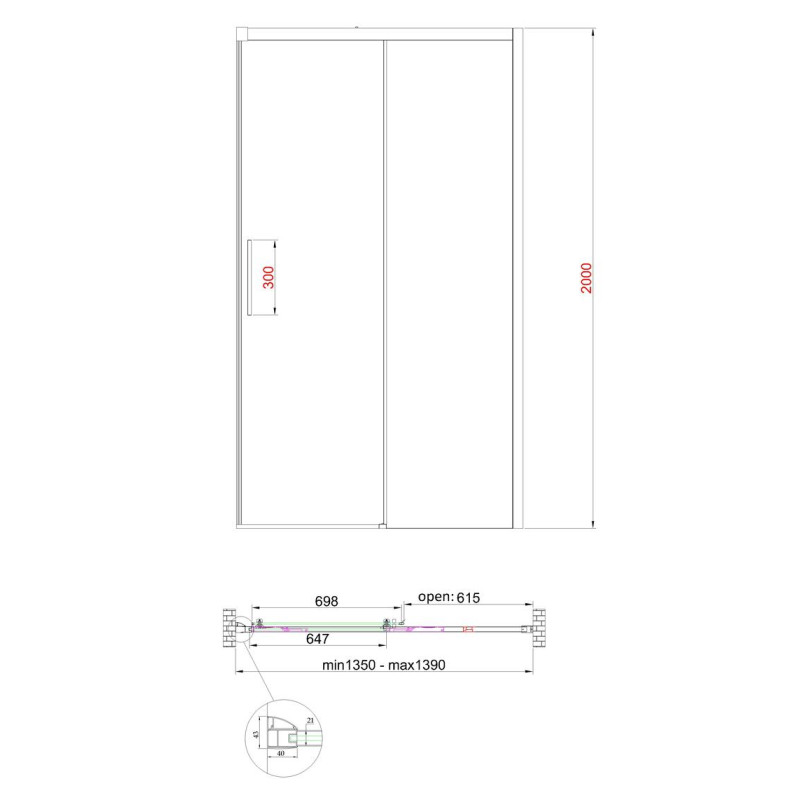 Дверь в нишу Koer SR SD05-140x200-TR-01 прозрачное стекло Easy Clean 6мм, хром (KR5406)