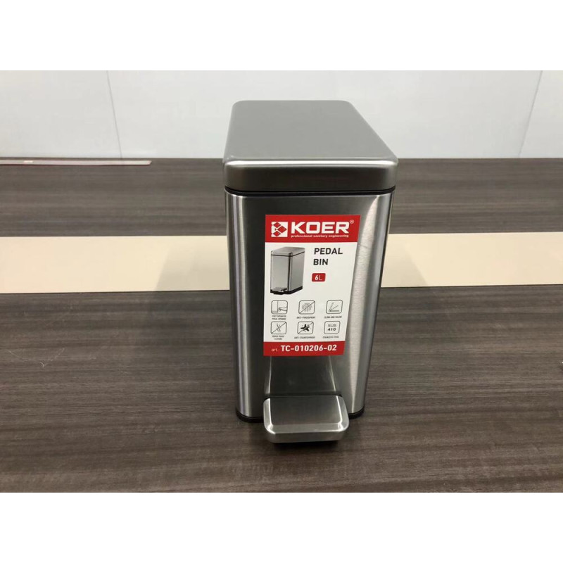 Відро для сміття з плавним закриттям прямокутне Koer TC-010206-02 6 л колір нержавійка (KR5594)