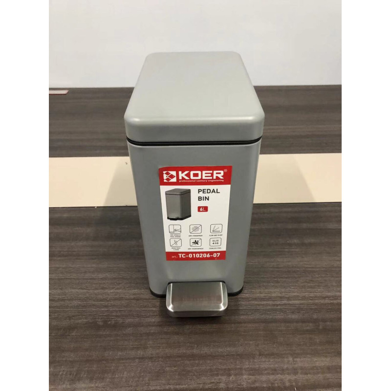Мусорное ведро с плавным закрытием прямоугольное Koer TC-010206-07 6 л цвет серый (KR5596)