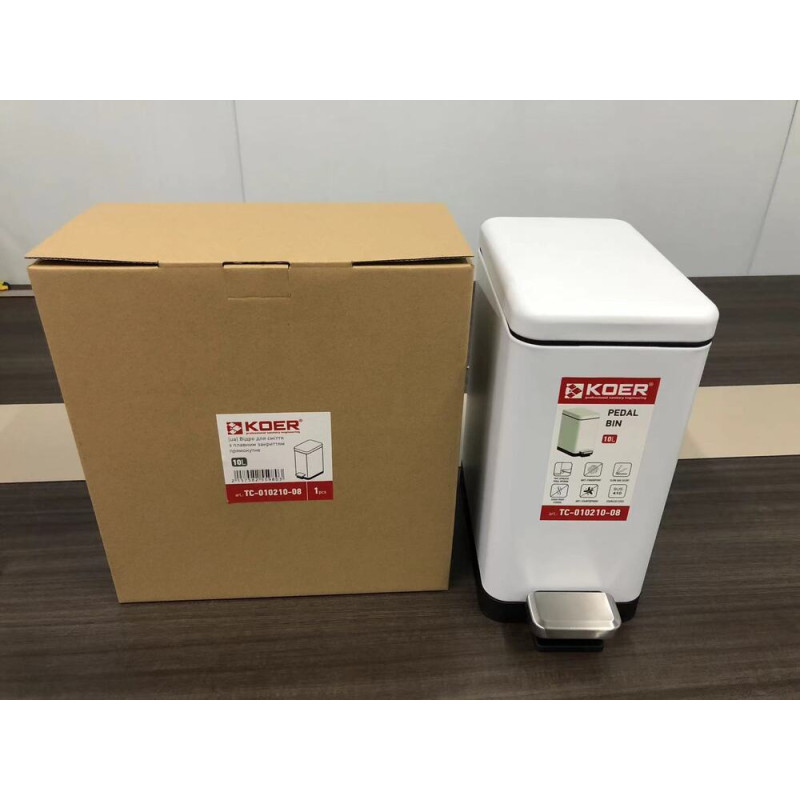 Мусорное ведро с плавным закрытием прямоугольное Koer TC-010210-08 10 л цвет белый (KR5598)