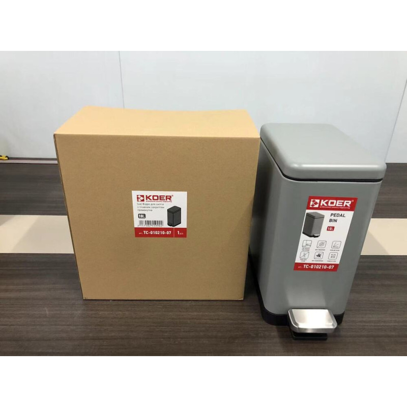 Мусорное ведро с плавным закрытием прямоугольное Koer TC-010210-07 10 л цвет серый (KR5599)