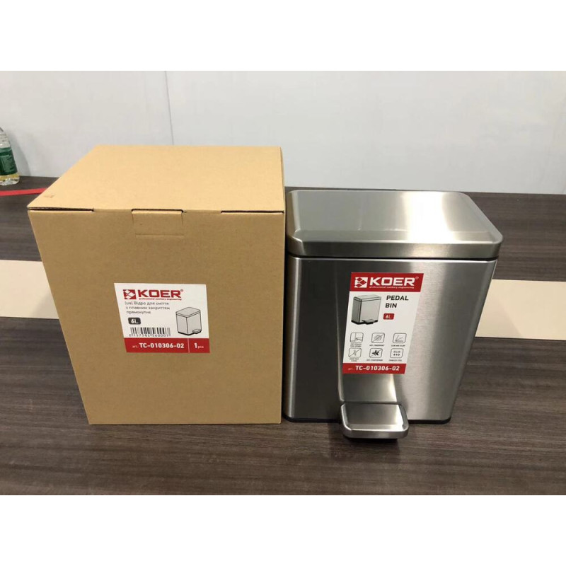 Мусорное ведро с плавным закрытием прямоугольное Koer TC-010306-02 6 л цвет нержавейка (KR5600)
