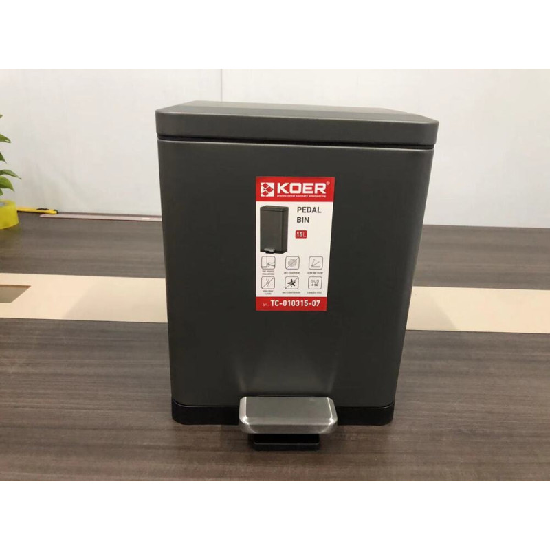 Мусорное ведро с плавным закрытием прямоугольное Koer TC-010315-07 15 л цвет графит (KR5604)