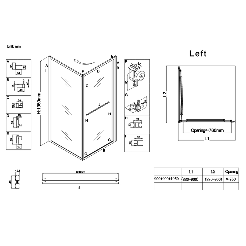 Душевая кабина без поддона Koer SR SC09-90x90x200-L-TR-12 прозрачное стекло Easy Clean 6мм Матовое золото (KR5684)