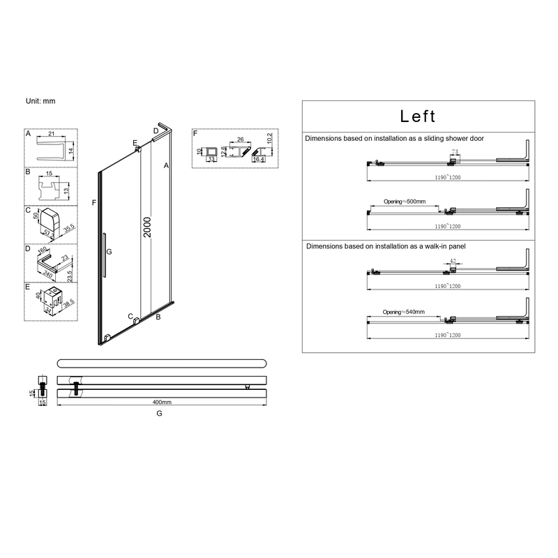 Дверь в нишу Walk-In раздвижная Koer SR SD07-120x200-L-TR-01 прозрачное стекло Easy Clean 8мм Хром (KR5686)