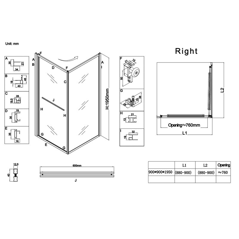 Душевая кабина без поддона Koer SR SC09-90x90x200-R-TR-12 прозрачное стекло Easy Clean 6мм Матовое золото (KR5771)