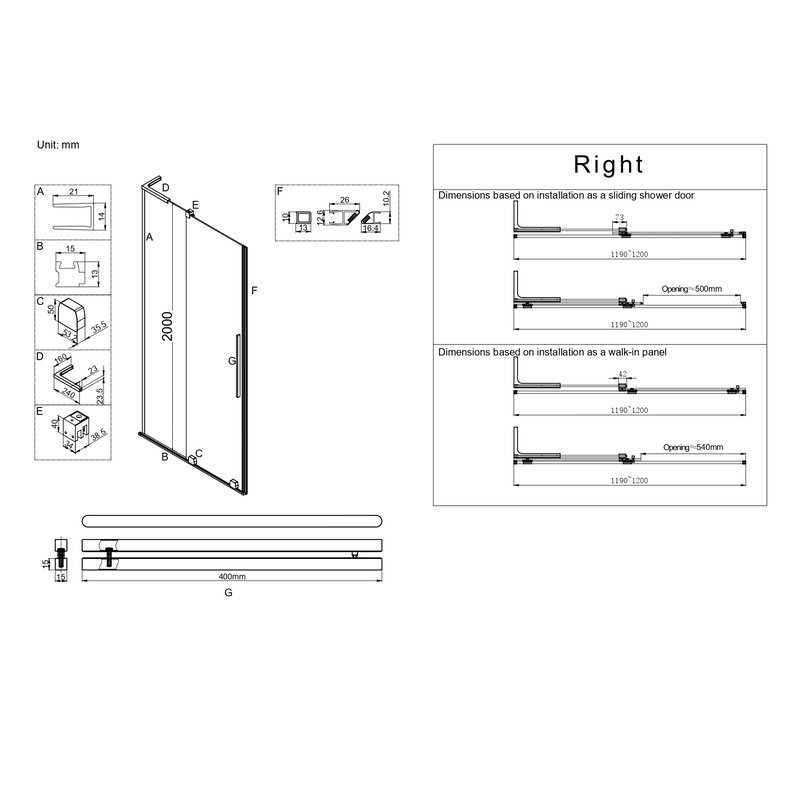 Дверь в нишу Walk-In раздвижная Koer SR SD07-120x200-R-TR-07 прозрачное стекло Easy Clean 8мм Графит (KR5775)