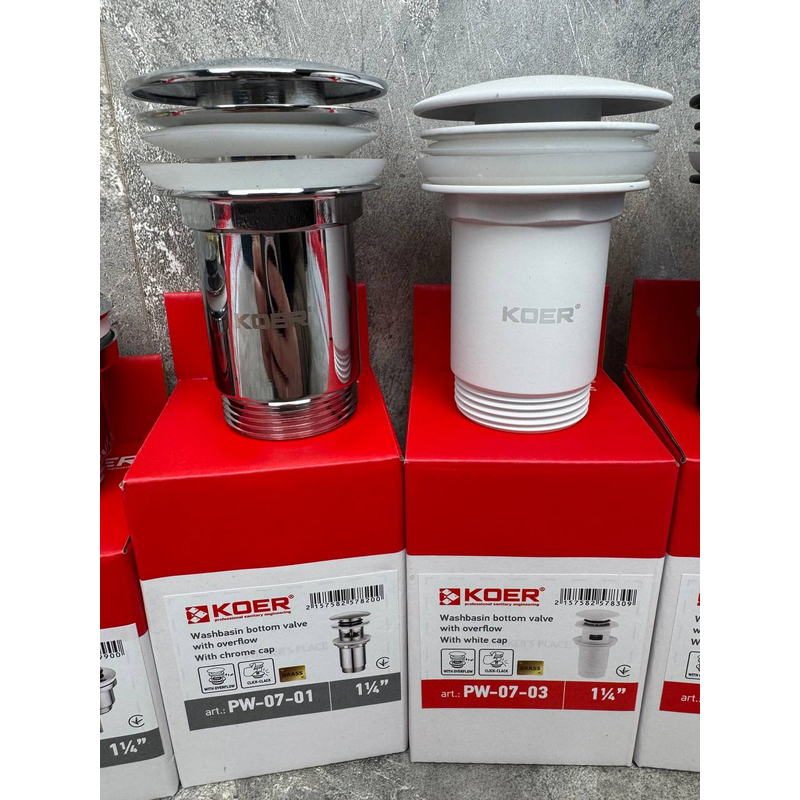 Донный клапан для раковины Koer PW-07-03 1 1/4'' с переливом автоматический СLICK-СLACK (Цвет белый) (KR5783)